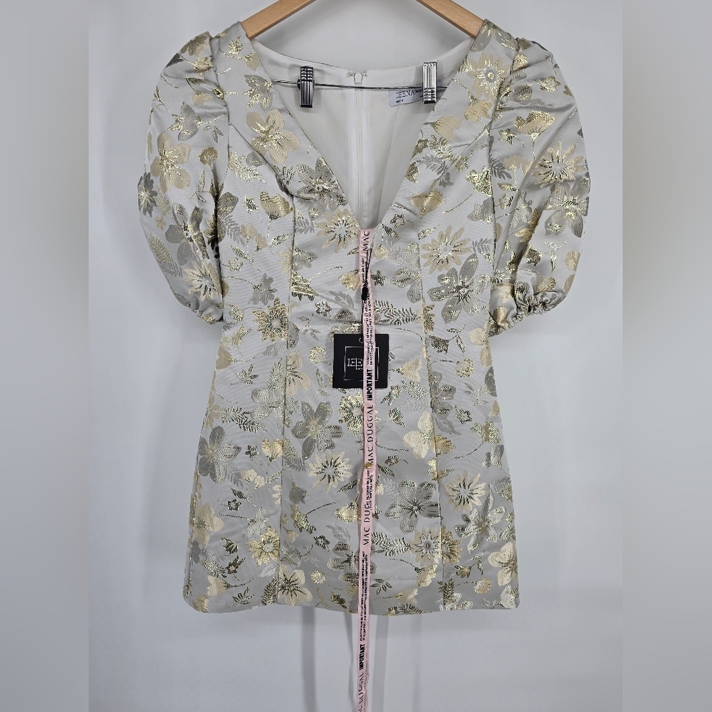 Mac Duggal White and Gold Floral Puff Sleeve Mini Dress - Picture 4 of 14